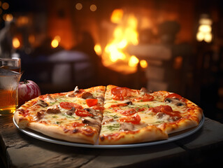 Fresh baked pizza closeup, traditional wood fired oven background.