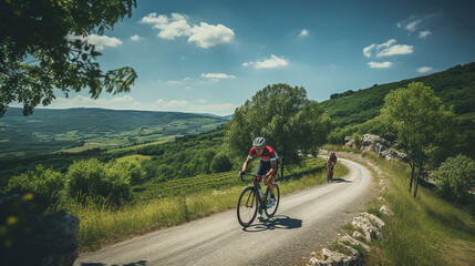 A senior cyclist pedaling through a scenic countryside road Generative AI