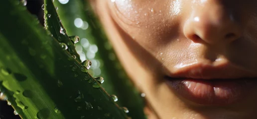 Schilderijen op glas natural skin nourishing, moisturizing and protection. closeup of womans face with wet aloe vera plant leafs. organic cosmetics and skincare. generative AI © ronstik