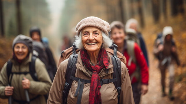 An Older Woman Enthusiastically Leading A Hiking Group Generative AI