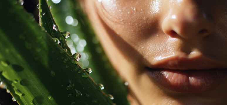 natural skin nourishing, moisturizing and protection. closeup of womans face with wet aloe vera plant leafs. organic cosmetics and skincare. generative AI