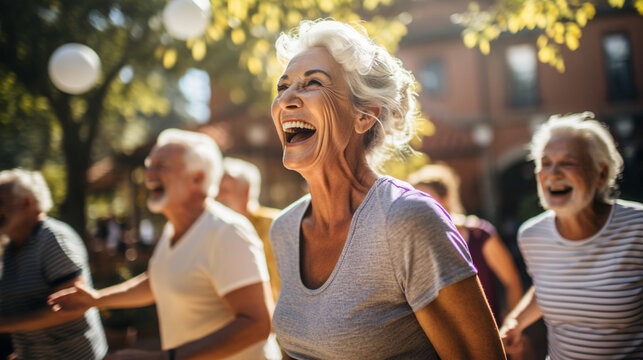 A group of seniors laughing together during a fitness boot camp Generative AI