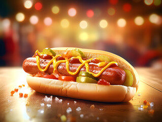Classic hot dog with ketchup and mustard. Isolated, on a dark background