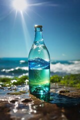 A single bottle of sparkling water, illuminated by a bright sun, hovering above a vibrant blue and green Earth.
