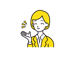 笑顔で紹介するスーツの女性