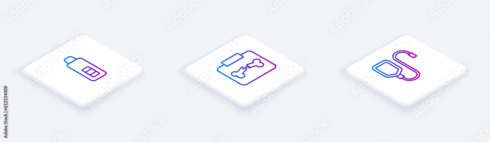 Sticker Set Isometric line Digital thermometer, X-ray shots with broken bone and IV bag. White square button. Vector