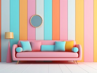 Pastel multi-color vibrant groovy retro striped background wall frame with bright sofa interior home design generative ai