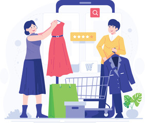 Shopping online concept vector illustration. Cartoon man and woman buying clothes in online shop. Order goods and get them fast and easy. E-commerce and delivery concept. Vector illustration.