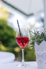 Alcoholic drink in a glass at a wedding reception close-up