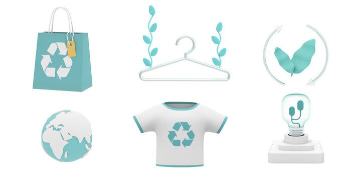 3d Eco Icons set. Recycling shopping bag, t-shirt, green leaves, green energy, Save planet Icons. Environmental, Social,  Governance and Sustainability concept. 3d render illustration.