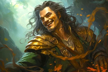 Fotobehang The Prankster's Charm - Mischievous Portrait of Loki, the Cunning Trickster God, with a Sly Smile and Serpent Staff Jormungandr. © dimensdesign