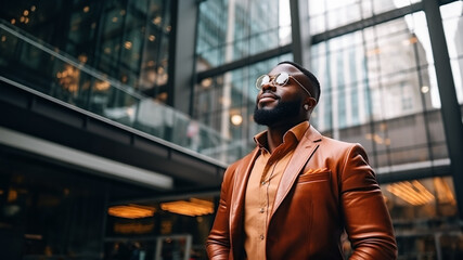 Confident afro man wearing an elegant leather jacket standing in business district. Concept of Entrepreneurship, wealth building and Ownership - 632535692