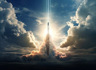 a military missile in flight against the sky. warhead, atomic bomb, chemical weapons. rocket launch. Created with Generative AI technology.