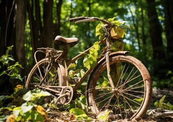 Fototapeta na wymiar An old rusty bicycle covered by green plants