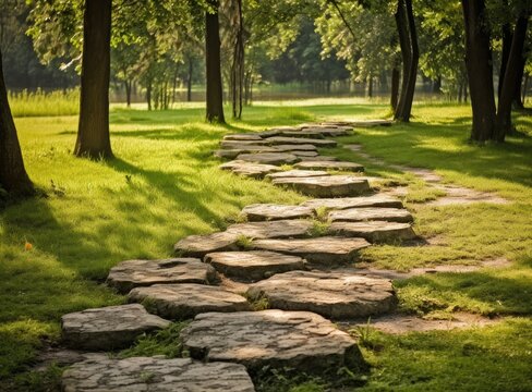 Garden path walkway on green grass turf. Created with Generative AI technology.