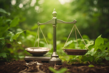 Scale of law in a natural background. Environmental law concept, sustainability, awareness.