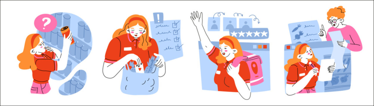Four compositions with a girl courier carrying out an order for the delivery of products. Online ordering service for home delivery of purchases. Flat style vector illustration isolated.
