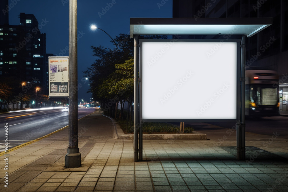 Poster an image of a bus stop with a blank billboard on the side of the road, generative ai