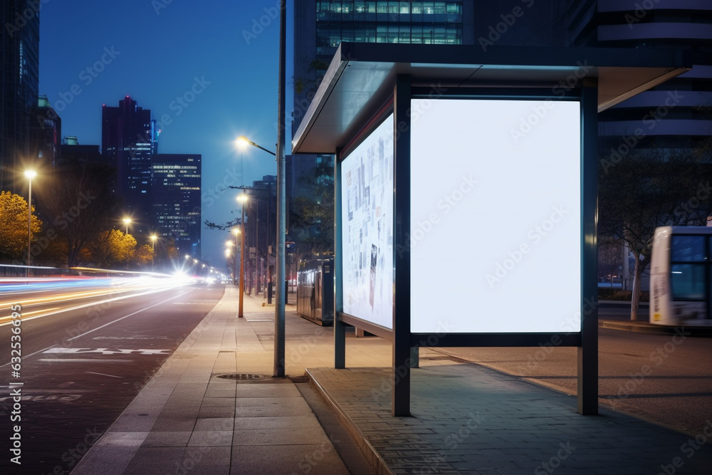 Poster an image of a bus stop with a blank billboard on the side of the road, generative ai