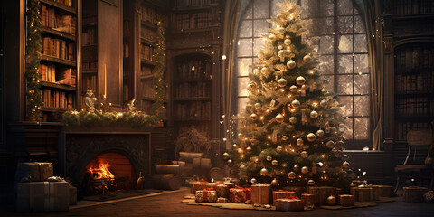 A Gift Box Beneath the Christmas Tree Welcoming the New Year Cozy Fireplace and Hot Drinks