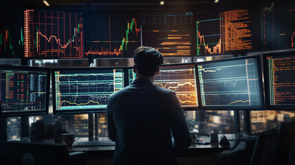 Stock market trader working in a bustling trading floor, finance and investment, banner, business