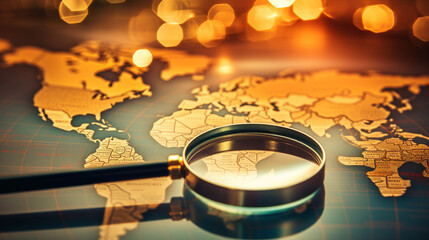 Magnifying glass over a world map highlighting global markets, finance and investment, banner, business, Generative AI