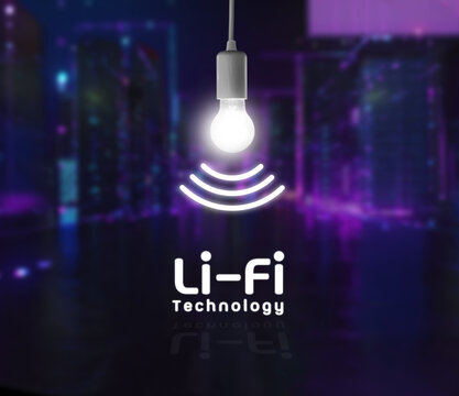 Lifi symbol with glowing bulb combined with wifi symbol and night smart city to background. Business, technology, internet and networking concept, hologram of hi-speed connection