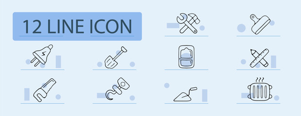 Construction line icon. Saw, hammer, shovel, hook, electric plug, refrigerator. Pastel color background. Vector line icon