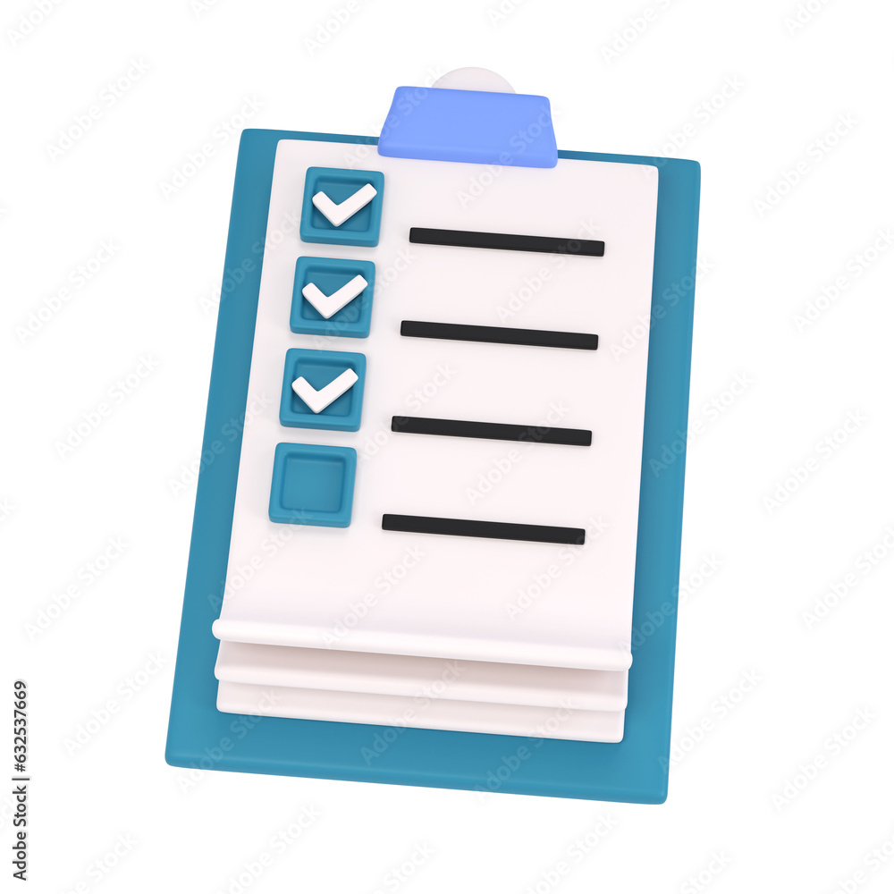 Poster 3d white clipboard icon task management todo check list on turquose plane background. work project p
