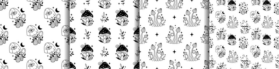 Vector magic psychedelic seamless pattern set. Outline mushrooms, stars, moons and plants. Black mystic mushrooms on white background. Witchy esoteric seamless pattern collection.