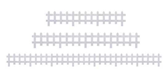 Three different length of white artificial wooden picket fences isolated on transparent background, png file