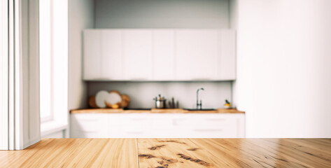 immagine primo piano di tavolo da cucina in legno naturale, sfondo ambiente cucina luminoso,...