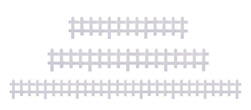 Three different length of white artificial wooden picket fences isolated on transparent background, png file
