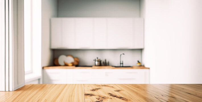 immagine primo piano di tavolo da cucina in legno naturale, sfondo ambiente cucina luminoso, sfuocato