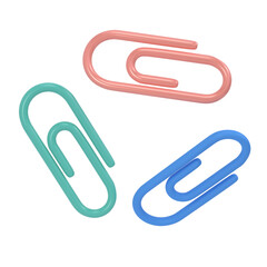 Three clips 3d icon school. Volumetric tool for paper and documents. Blue, pink and green sturdy holder for attaching drawings and sketches. Staple for stationary binder for office and home accessory