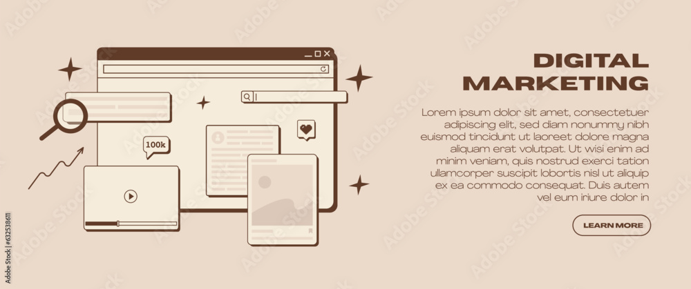 Aufkleber digital marketing web banner in retro style. old computer interface with browser window, search bar,