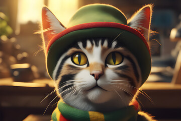 Close-up of a cat wearing a green hat - obrazy, fototapety, plakaty