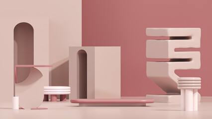 3D podium display, pastel pink background. Art deco steps and geometric shapes. Nature palm shadow, minimal, beauty product presentation. White pedestal advertisement. Studio, abstract 3D render
