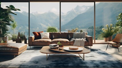 modern living with an amazing view to foresrts and mountains. generative AI illustration.