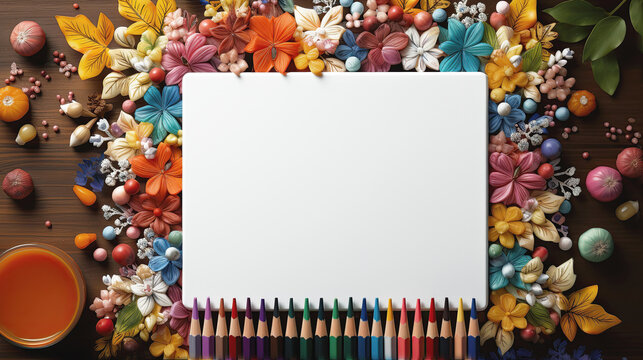 Blank space surrounded by multocolor flowers. Generative AI