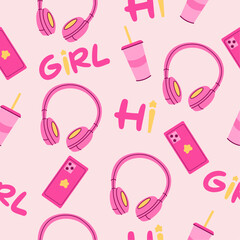 Barbie seamless pattern set.Pink items.Barbicor pattern. Vector illustration.Hair dryer, hairpins, combs, headband.Barbershop items.