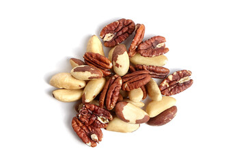 Brazil nuts and peeled pecans mix isolated on white background. Nut mix heap, a crunchy delight,...