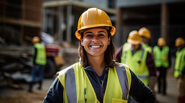 Captured on the work site, a female construction worker dons PPE and wears a bright smile