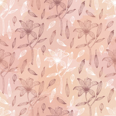 Seamless pattern of silhouette lily flower, leaves, branches, brush shapes. Decorative floral outline plant, grunge texture. Hand drawn vector illustration for wallpaper, wrapping paper, fabric