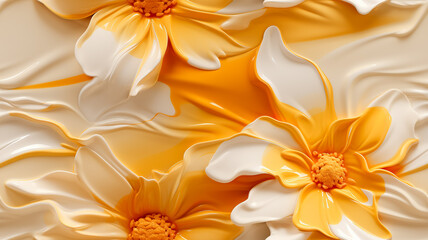 Obraz premium Liquid Camomile background. Yellow and white minimalist banner with liquid flower. Trendy digital pastel style.