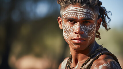 Portrait of young male from the Aboriginal culture in Australia. Man face adorned with traditional paints against the backdrop of the vast Outback. - obrazy, fototapety, plakaty