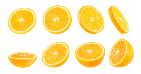 Bright oranges set. Cut on halves and round slices fruits closeup, different sides isolated on white background, studio. Summer fresh citrus fruits as design element for advertising, card, poster.