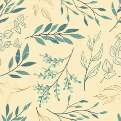 Seamless pattern of tree branches, leaves in line art. Abstract leaf, brush, splash of paint. Decorative plant, grunge texture. Hand drawn vector illustration for wallpaper, wrapping paper, fabric