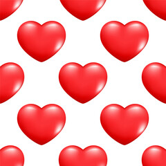 Seamless pattern of realistic 3d hearts. Decorative romantic icon love symbol. Valentines day collection of red hearts. Hand drawn vector illustration for wallpaper, wrapping paper, fabric