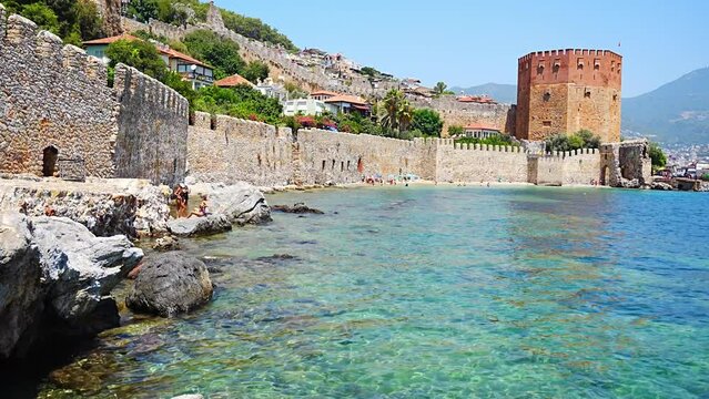 Kizil Kule or Red Tower of Alanya castle in Alanya city, Antalya Province on the southern coast of Turkey